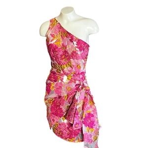 REVERSE Pink Floral One Shoulder Knot Front Mini Dress Size 6